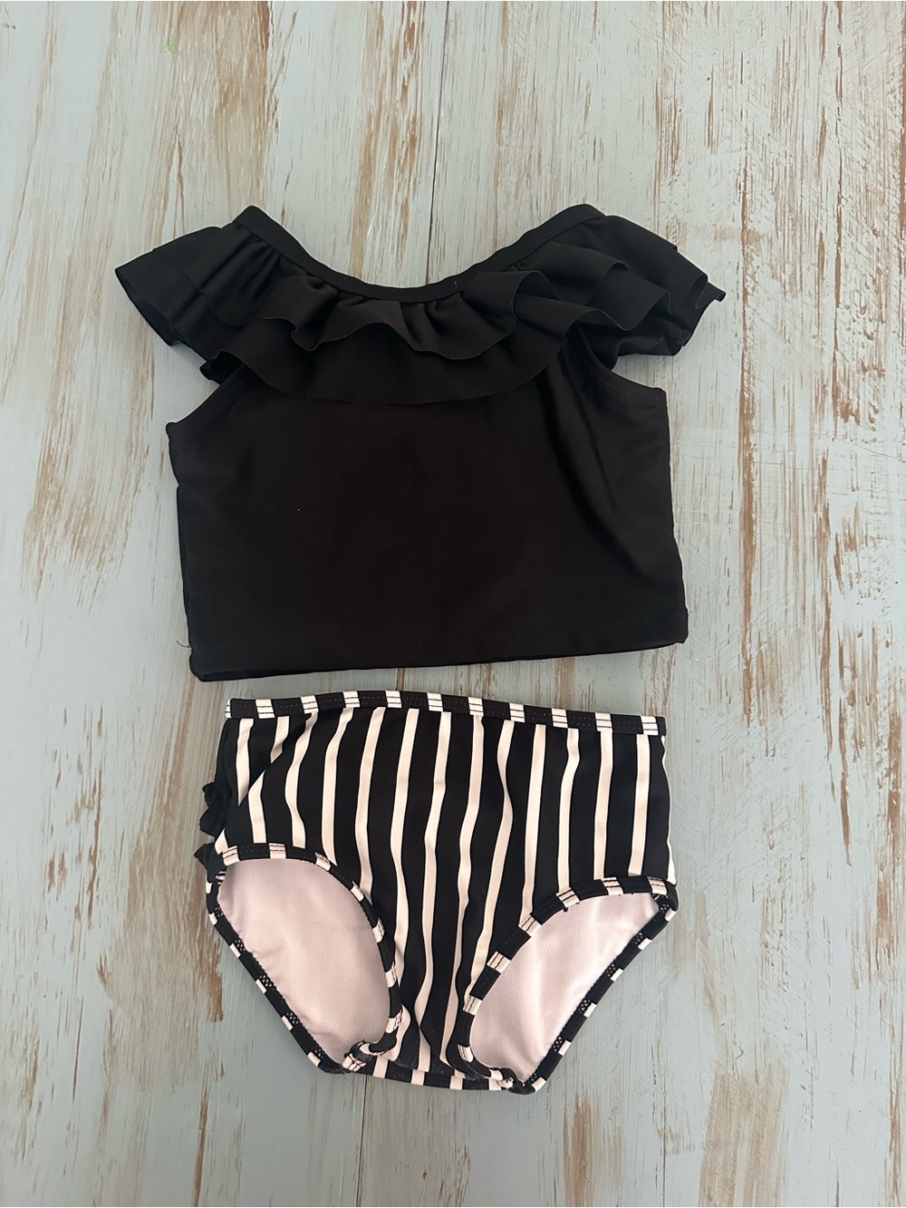 Ruffle Butts Black Ruffle Top with Black and White Striped Bottoms